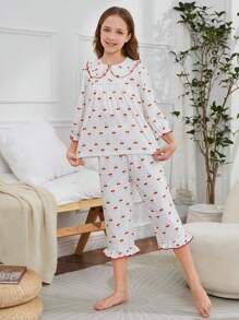 Tween Girl Cherry Allover Print Long Pants And Long Sleeve Top Casual Home Wear Set - White - View 5