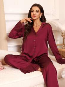 SHEIN Women Ruffle Decorated Single Breasted Long Sleeve Top And Pants Pajama Set, Fall Winter Clothes - Burgundy - View 5