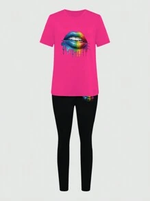 INAWLY 2 Piezas/ Conjunto De Camiseta De Manga Corta Con Patrón De Labios Degradado Del Arco Iris Y Pantalones Para Primavera/verano
