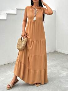 RueChic Vacation Style Beach Cake Dress, Knitted Textured Crinkle Fabric With Small Turtleneck - Beige - View 4