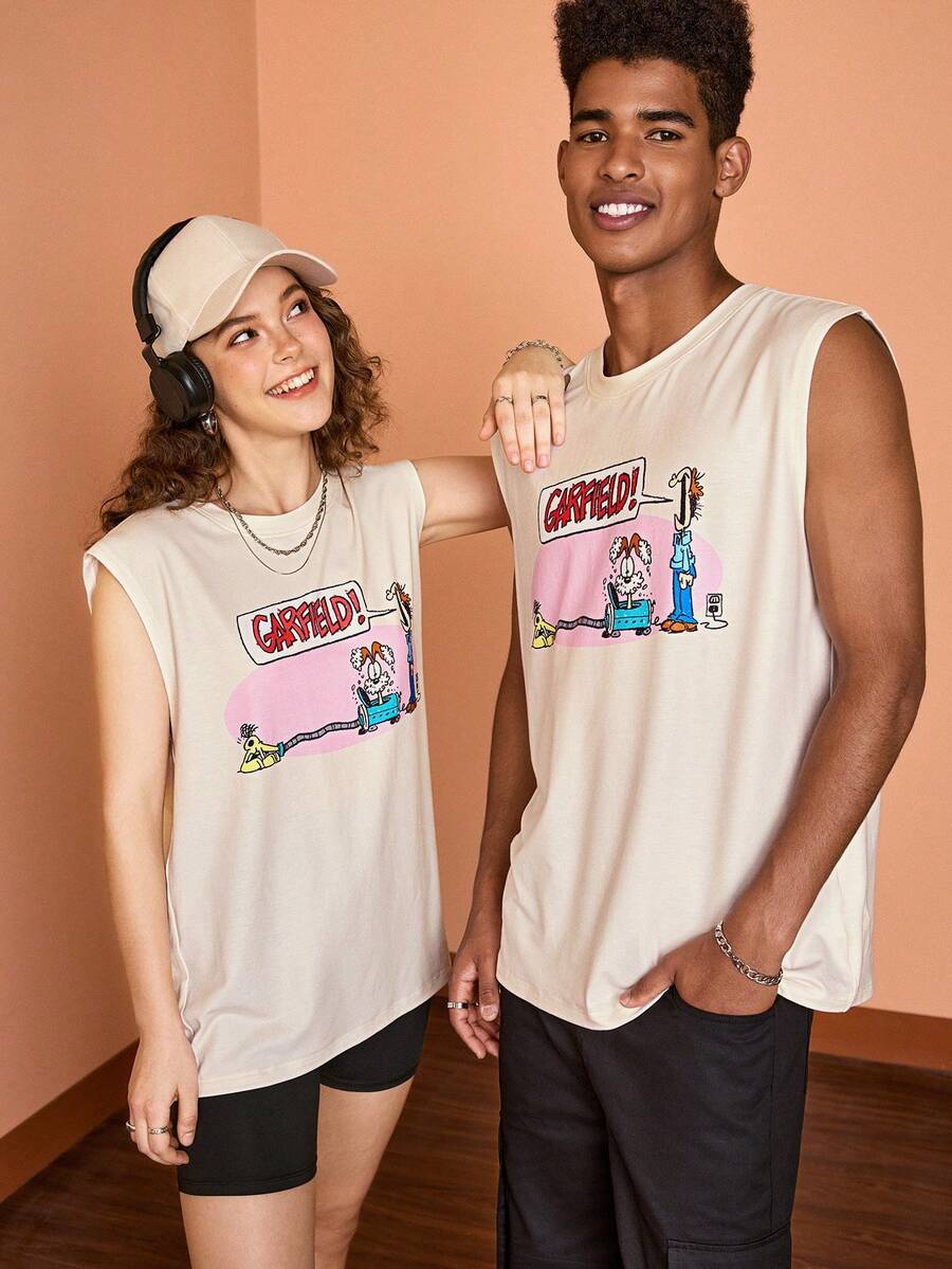 GARFIELD | SHEIN 夏季男女通用单件休闲卡通人物和字母印花背心