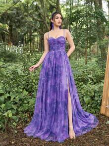 Faeriesty Vestido de baile con corte corset, espalda cruzada con encaje y detalles plisados en el busto. - Morado - Ver 4