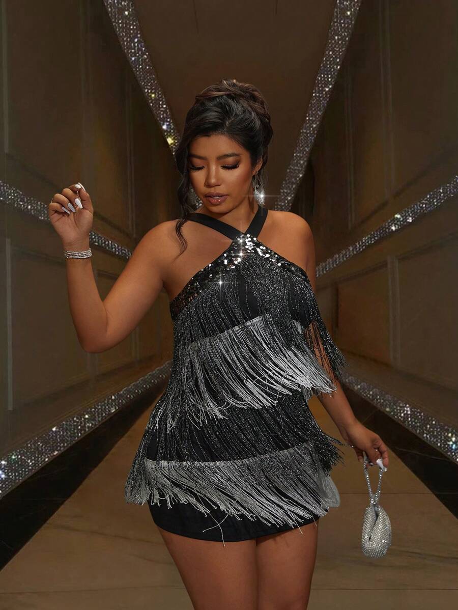 SHEIN BAE 大尺碼夏季性感閃亮流蘇領口露背迷你裙 - 黑色 - 查看 1