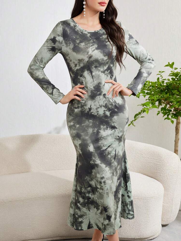 Women's Fashion Tie-Dye Printed Long Sleeve Dress