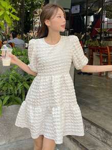 DAZY 女士夏季休闲纯色泡泡袖纹理连衣裙太阳裙