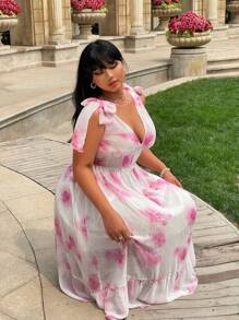 Sunnyshic Plus Size Women's Summer Vacation Shoulder Strap Floral Printed Ruffle Hem Sleeveless Elegant Dress