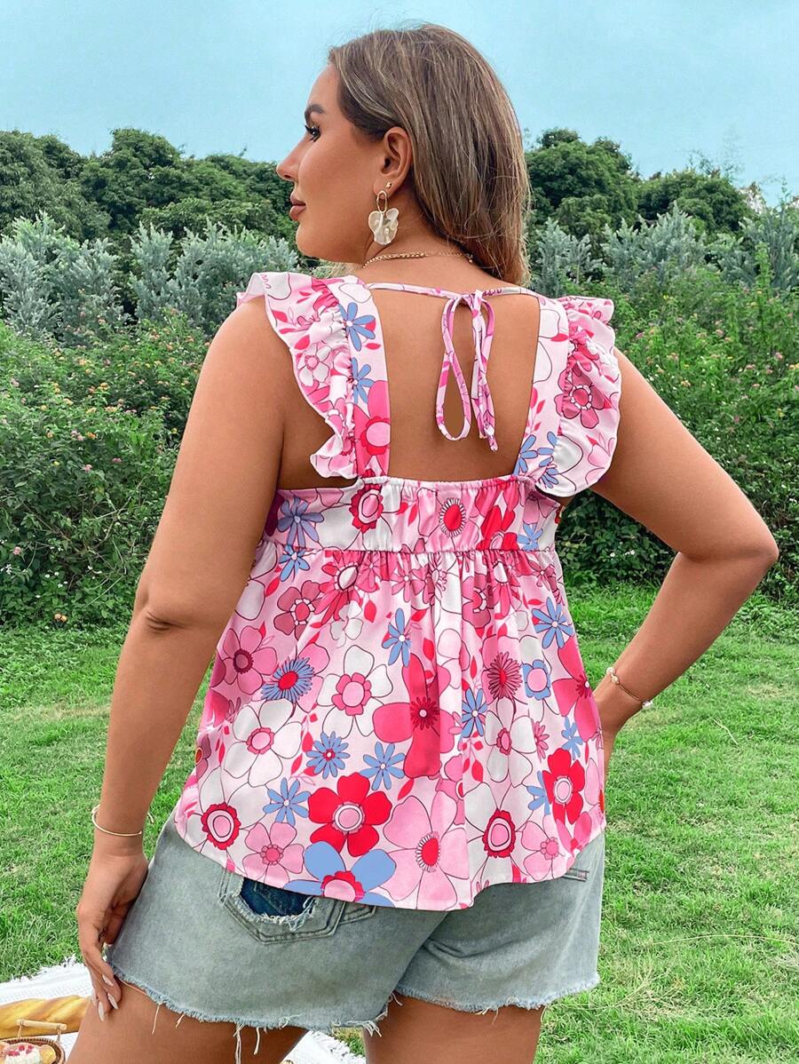 Flirla Maglietta estiva con maniche corte e stampa floreale per donne taglie comode, decorata con fiocco dietro