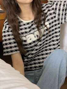 DAZY Camiseta holgada de mujer a cuadros negro y blanco