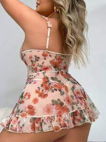 Plus Size Printed Mesh Lingerie Dress (With Underwire, Thong) 2pcs/Set