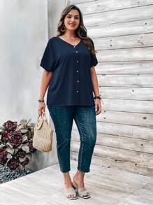 Rosumi Plus Size Women's Orange Button Embellished Short Sleeve Shirt For Spring - Navy Blue - View 5