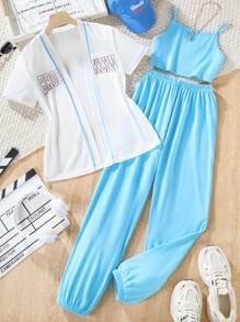 SHEIN Tween Girl Summer Casual Short Sleeve T-Shirt With Letter Print And Solid Color Tank Top With Long Pants Set