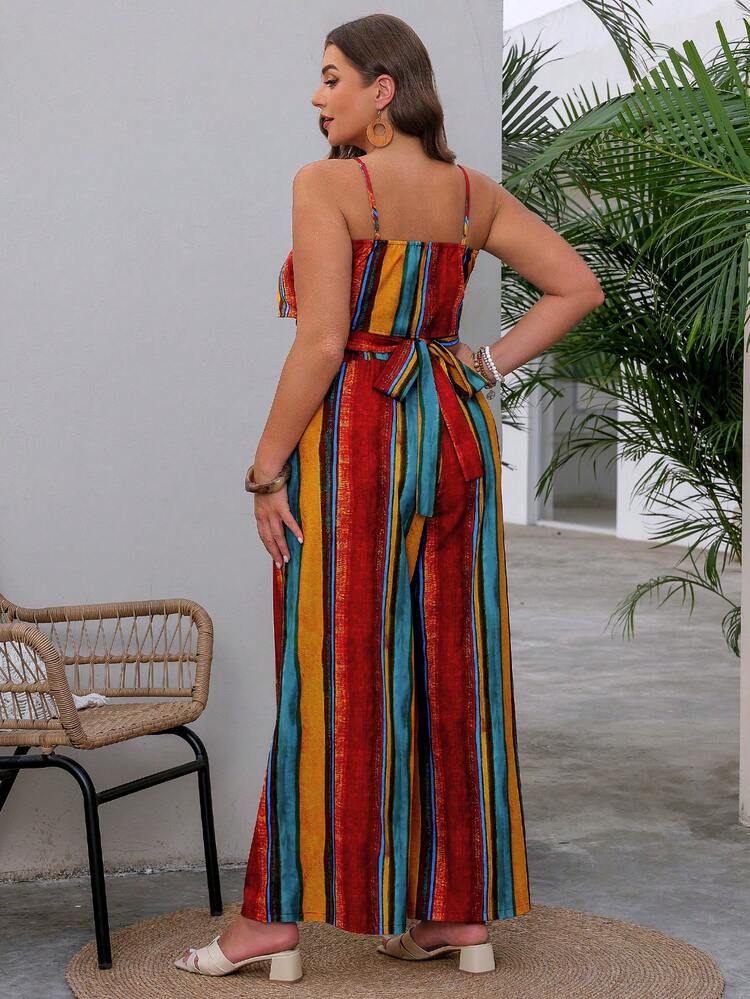 Plus Size Color Blocking Stripe Wrap Crop Top And Wide Leg Pants Set For Vacation Leisure