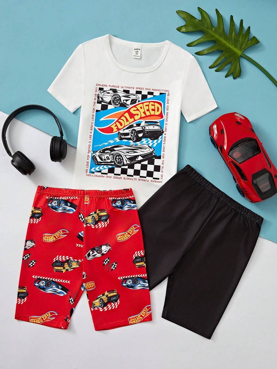 Tenue de pyjama ajustée en trois pièces pour garçon préadolescent : deux shorts imprimés simples avec un Top à manches courtes - Blanc - Voir 1