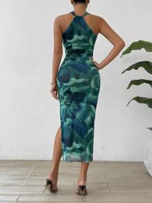 Breezaya Abito lungo da donna in stile vacanziero, con spalle scoperte, vita arricciata, spacco, stampa floreale tie-dye in tessuto di rete elasticizzato
