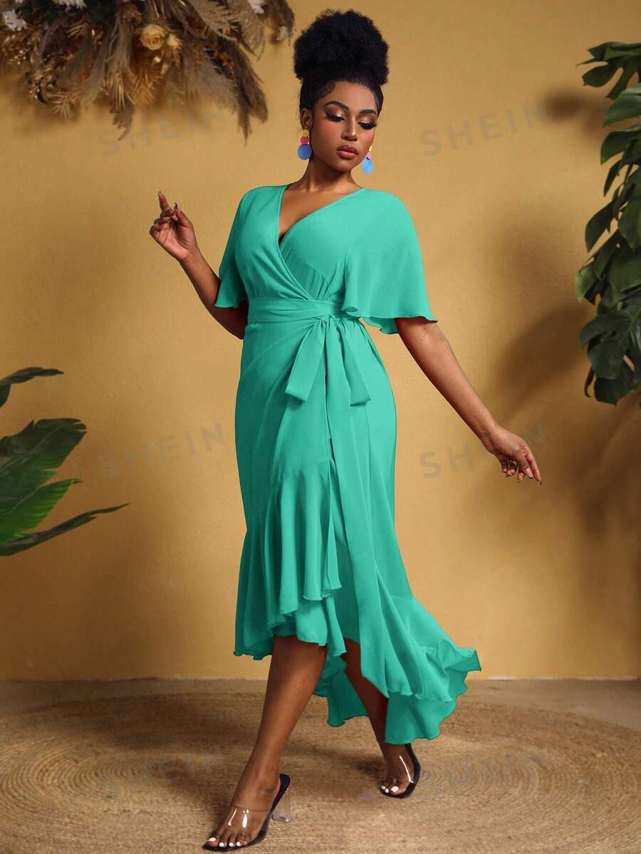 Vestido De Verano Para Mujer Talla Grande - Estilo Babydoll En Mezclilla Con Rayas Y Mangas Abullonadas