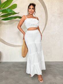 SHEIN SXY White Women's Summer Vacation Beach Multi-Tiered Cake Wide Leg Pants Two-Piece Set - White - View 5