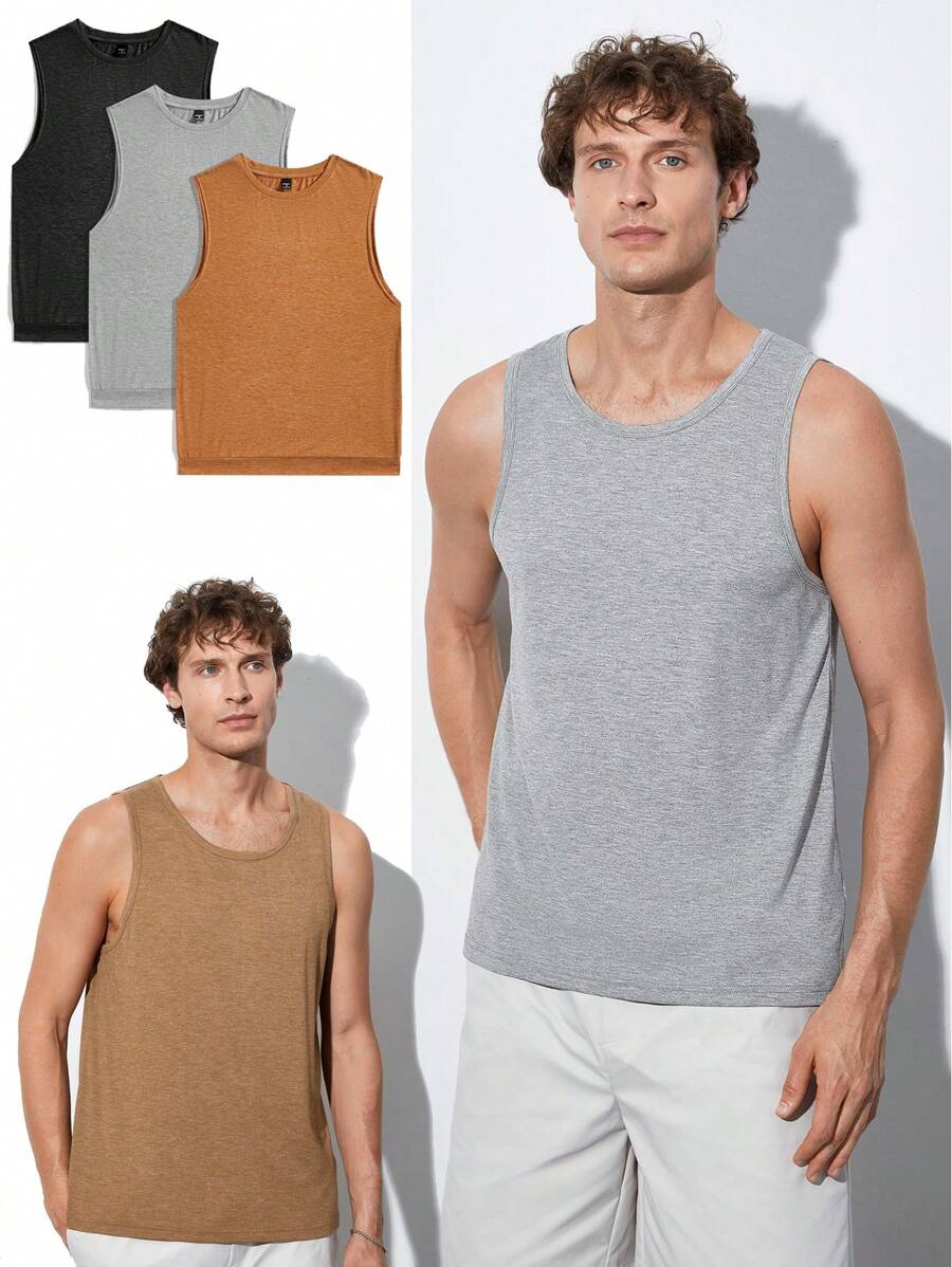 GENTILAND Men Solid Color Knitted Casual Tank Top For Summer