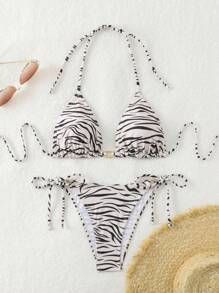 SHEIN Swim Women's Zebra Print Halter Bikini Set With Padded Bra And Tie Side Bottom For Beach Vacation,Summer Beach - Apricot - View 1