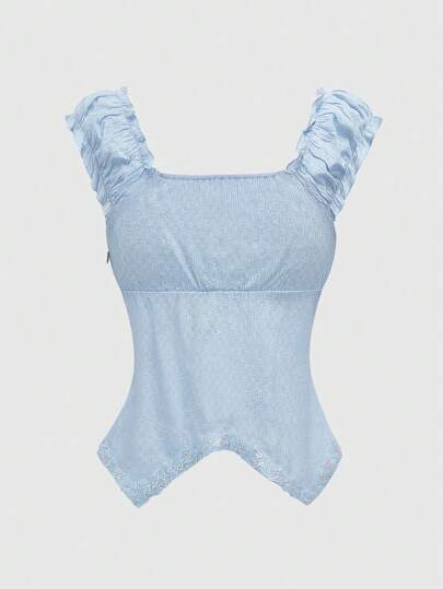 Fairycore Women Summer Slim Fit T-Shirt With Asymmetrical Hem, Starfish Pattern And Raglan Sleeve