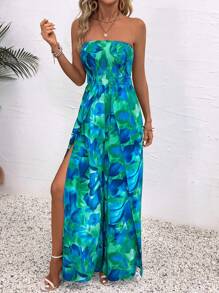 Breezaya Women's Printed Bandeau Top Split Jumpsuit, Perfect For Vacation And Casual Wearing - Multicolor - View 6