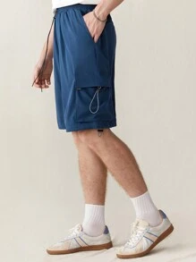 Manfinity VCAY 男士純色束腰側口袋休閒夏季短褲 - 藍色 - 查看 4