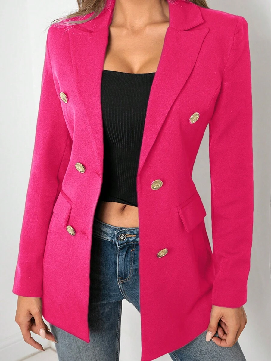 RueChic Lapel Neck Double Breasted Blazer - Hot Pink - View 1