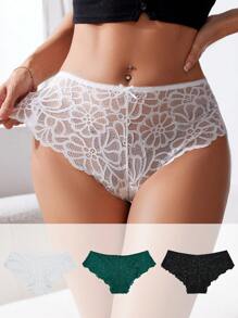 SHEIN ملابس داخلية نسائية بثلاث قطع بألوان ثابتة، قطعتين ثلاثية مثلث الدانتيل الجنسية مع زينة القوس - متعدد الألوان - مشاهدة 2