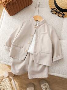 SHEIN 嬰兒男孩立領長袖針織外套、純色短袖襯衫和純色褲子三件套裝