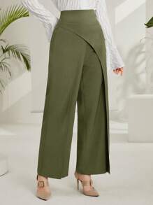 Mulvari Women's Casual High Waist Wrap Over Loose Straight Pants With Solid Color - Green - View 7