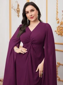 Modelyn Plus Size Elegant Solid Color Cape Sleeve Twisted Front Dress, Spring/Summer - Red Violet - View 6