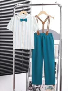 SHEIN 少年男孩優雅條紋短袖襯衫,帶可拆式吊帶和長褲紳士套裝2入組 - 綠色 - 查看 1