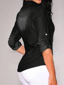 Camisas vaqueras versátiles de mujer de ajuste delgado - Negro - Ver 2