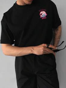 Camiseta de manga corta de cuello redondo casual de verano para hombre con estampado de letra y ola