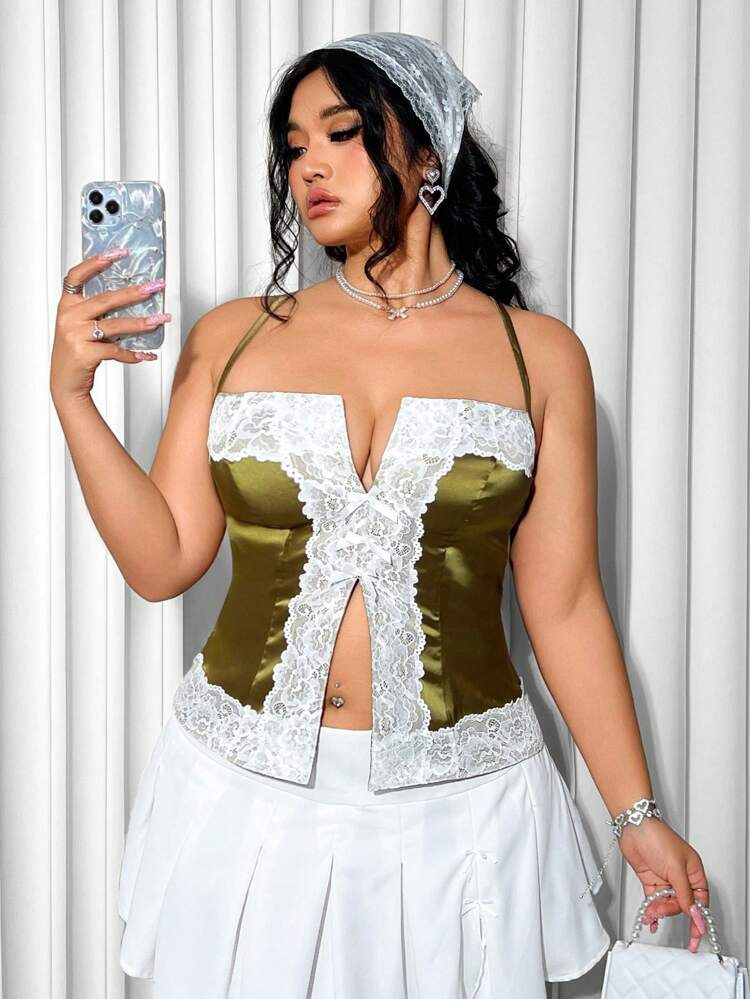 Plus Size Summer Cross Strap Lace Top With Bowknot Decoration