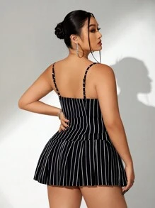 SHEIN ICON Plus Size Ladies Plunge Neckline Backless Cross Straps Waist-Tie Pleated Dress With High Front Slit