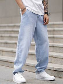 Manfinity Homme Quần Jeans Ống Thẳng Ống Rộng Rộng Thường Ngày Cho Nam Có Túi Mặc Hàng Ngày Quần Jeans Cargo Màu Xanh Nhạt Dài Đã Giặt Sáng Màu, Quần Jeans Nhẹ Dành Cho Chồng, Quà Tặng Bạn Trai - Rửa nhẹ - Xem 5