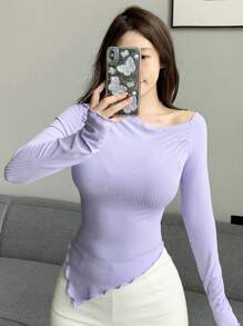 DAZY Áo thun ôm sát tay dài tay có cổ bất đối xứng màu trơn cho nữ mùa xuân hè - Màu tím hoa cà - Xem 1