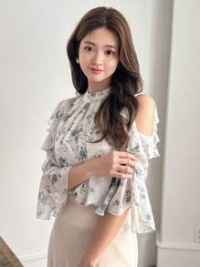 FRIFUL Women Cold-Shoulder Pleated Floral Print Shirt For Summer,Ruffle
