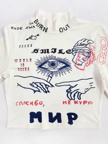 INAWLY Áo croptop ngắn tay dài dáng ôm in hình mắt và chữ cái cho nữ, thích hợp mặc mùa hè, áo thun in họa tiết cho nữ, thích hợp cho mùa xuân và mùa thu. - trắng - Xem 7