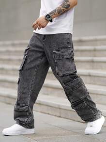 Manfinity ZONE917 Men Loose Fit Wide Leg Jeans With Multiple Utility Pockets, Casual Workwear, Plain Long Baggy Cargo Dark Grey Acid Wash Cargo Jeans, For Husband, Boyfriend Gifts Going Out Vacation Work College Street