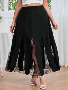 SHEIN Privé 優雅的蕾絲拼接A字型大尺碼夏季裙，非常適合旅行、休閒和約會 - 黑色 - 查看 4