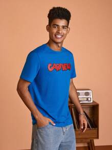 GARFIELD | SHEIN Camiseta casual de manga corta con estampado de dibujos animados para hombre, verano - Azul - Ver 2