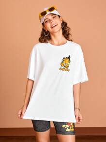 GARFIELD X SHEIN Women Casual Cartoon And Letter Printed Graphic Oversized Drop Shoulder White Summer T-Shirt With CHOMP SLURP GOBBLE NARFGULP Pattern, Unisex