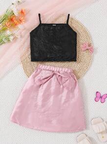 SHEIN Young Girl Solid Color Spring/Summer Halter Top And Bowknot Skirt Two-Piece Set - Multicolor - View 1