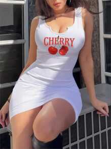 SHEIN EZwear 休闲简约樱桃图案粗肩带 V 领紧身大码夏季连衣裙 - 白色 - 查看 1