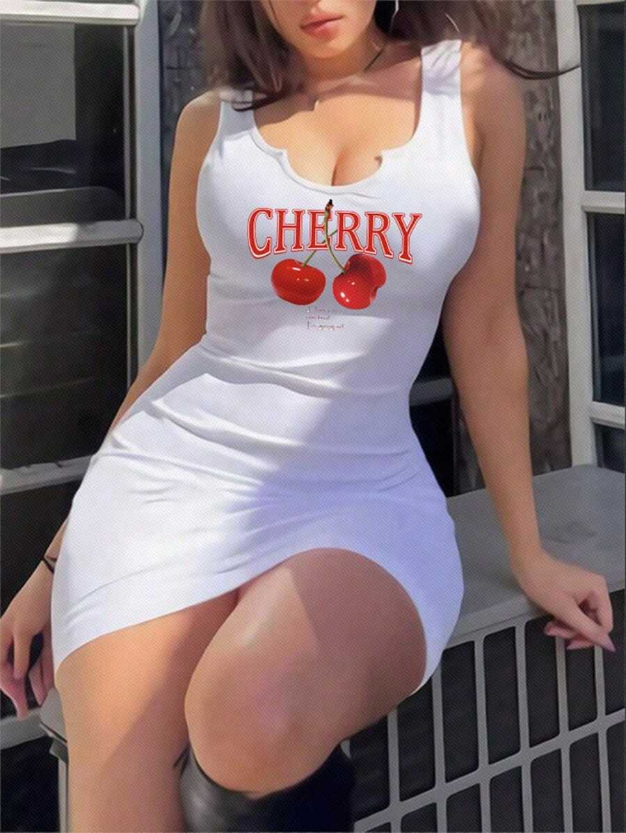 SHEIN EZwear 休闲简约樱桃图案粗肩带 V 领紧身大码夏季连衣裙 - 白色 - 查看 1