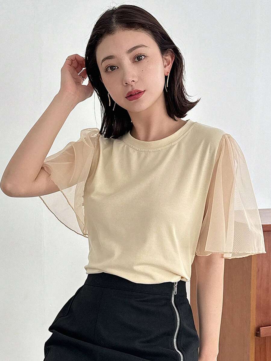 FRIFUL Designer 女士腰帶網紋拼接設計T恤，有一種設計感 - 杏色 - 查看 1