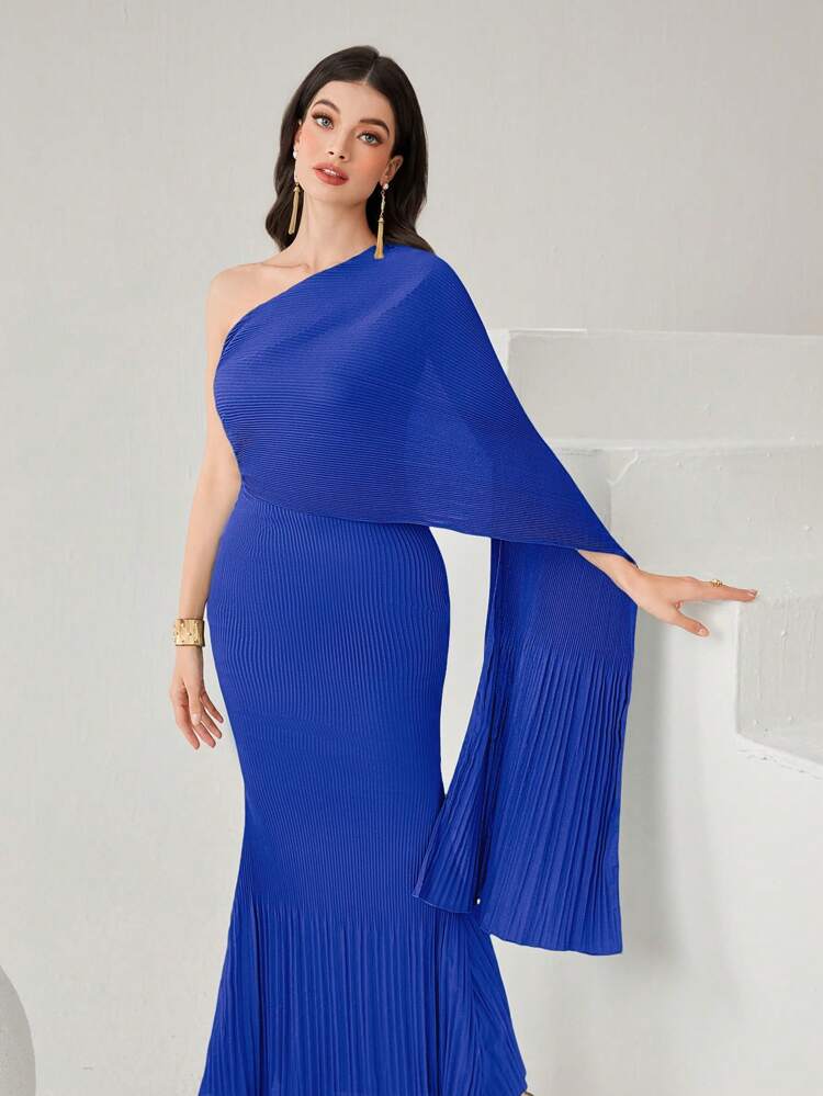 Women's Elegant Solid Color Slim Fit Asymmetrical Collar Fish-Tail Long Dress