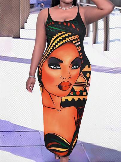 Inoviana Women's Plus Size Character Print Spaghetti Strap Dress