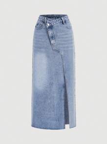 SHEIN MOD Asymmetrical Long Skirt Spring Break Stepped Waist Slit Hem Denim Skirt